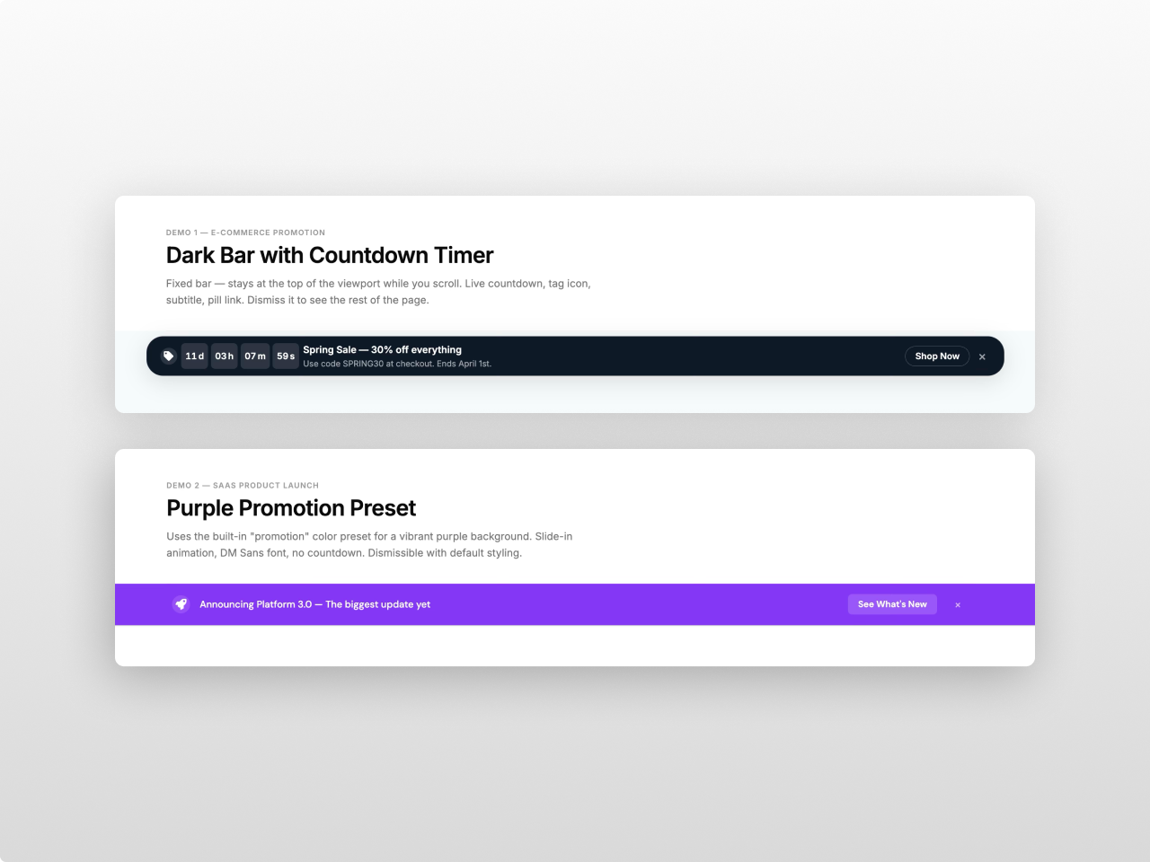 Dark Bar with Countdown Timer & Purple Promotion Preset