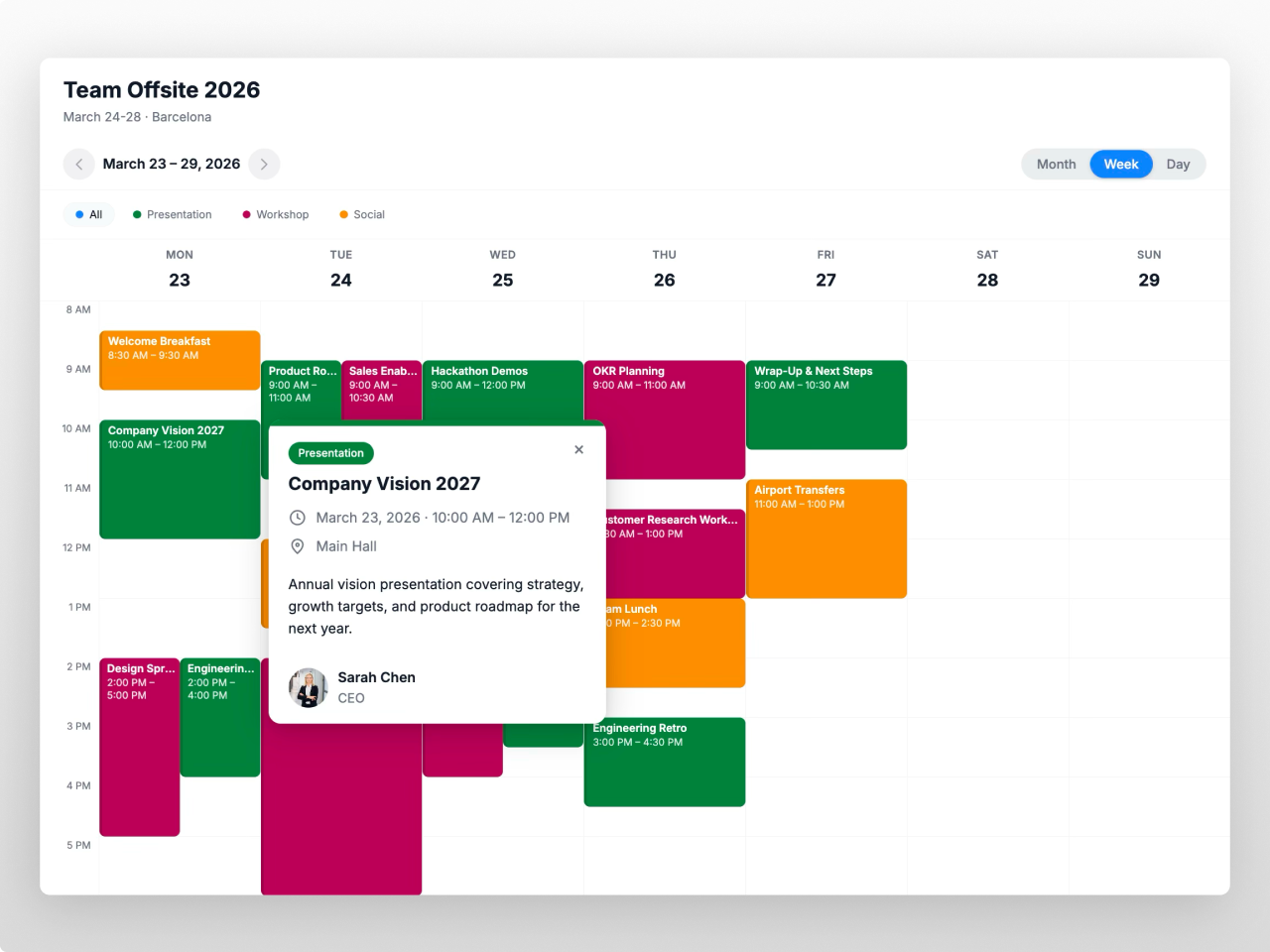Week view with Monday-Friday company activities.