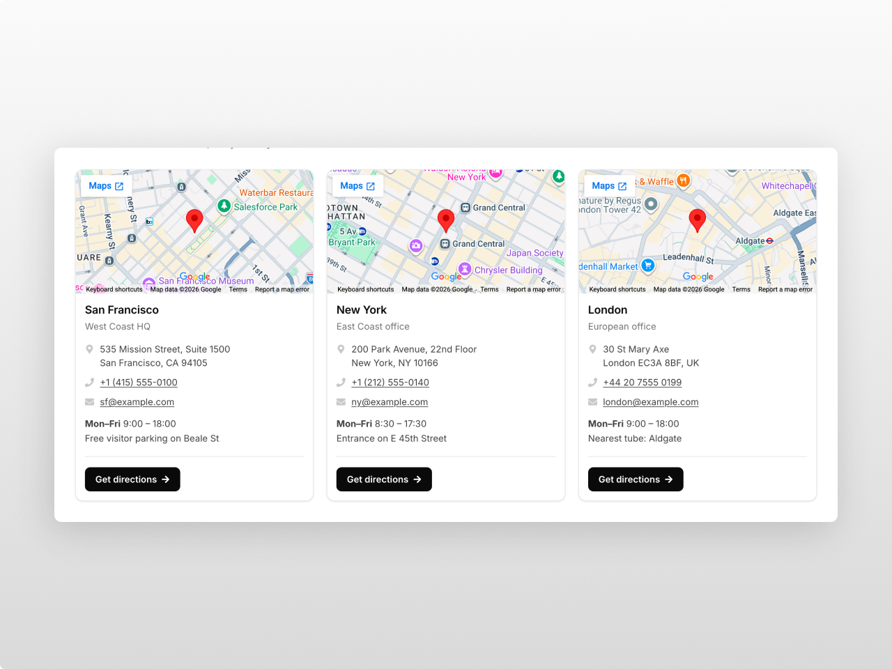 Each card carries its own map, with address, phone, email, opening hours and a button.