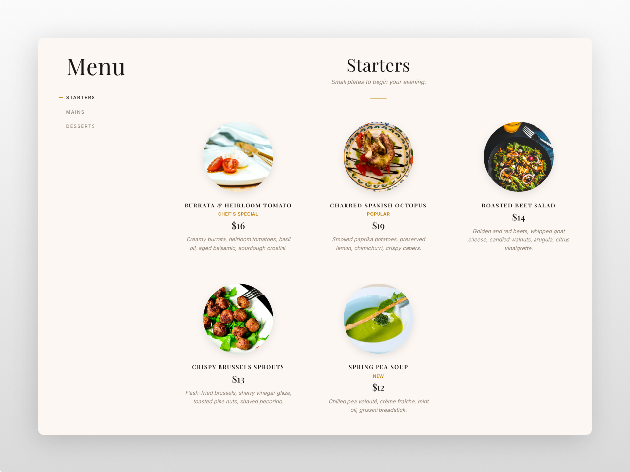 Sticky sidebar on the left with a large serif "MENU" label and a clean vertical category list.