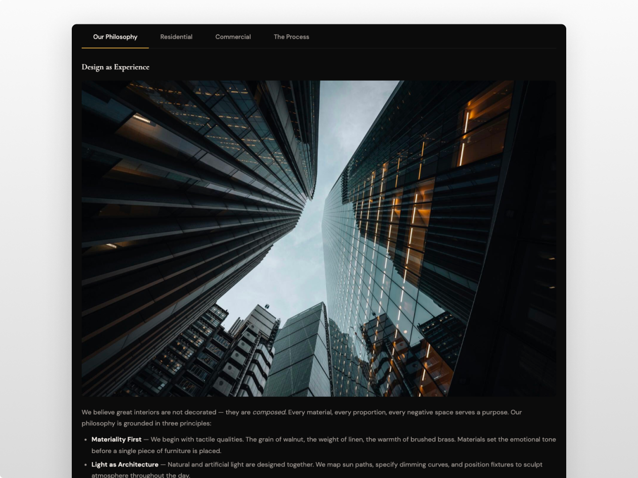 Dark luxury aesthetic with left-aligned underline tabs, gold #d4a853 accent, and editorial content.
