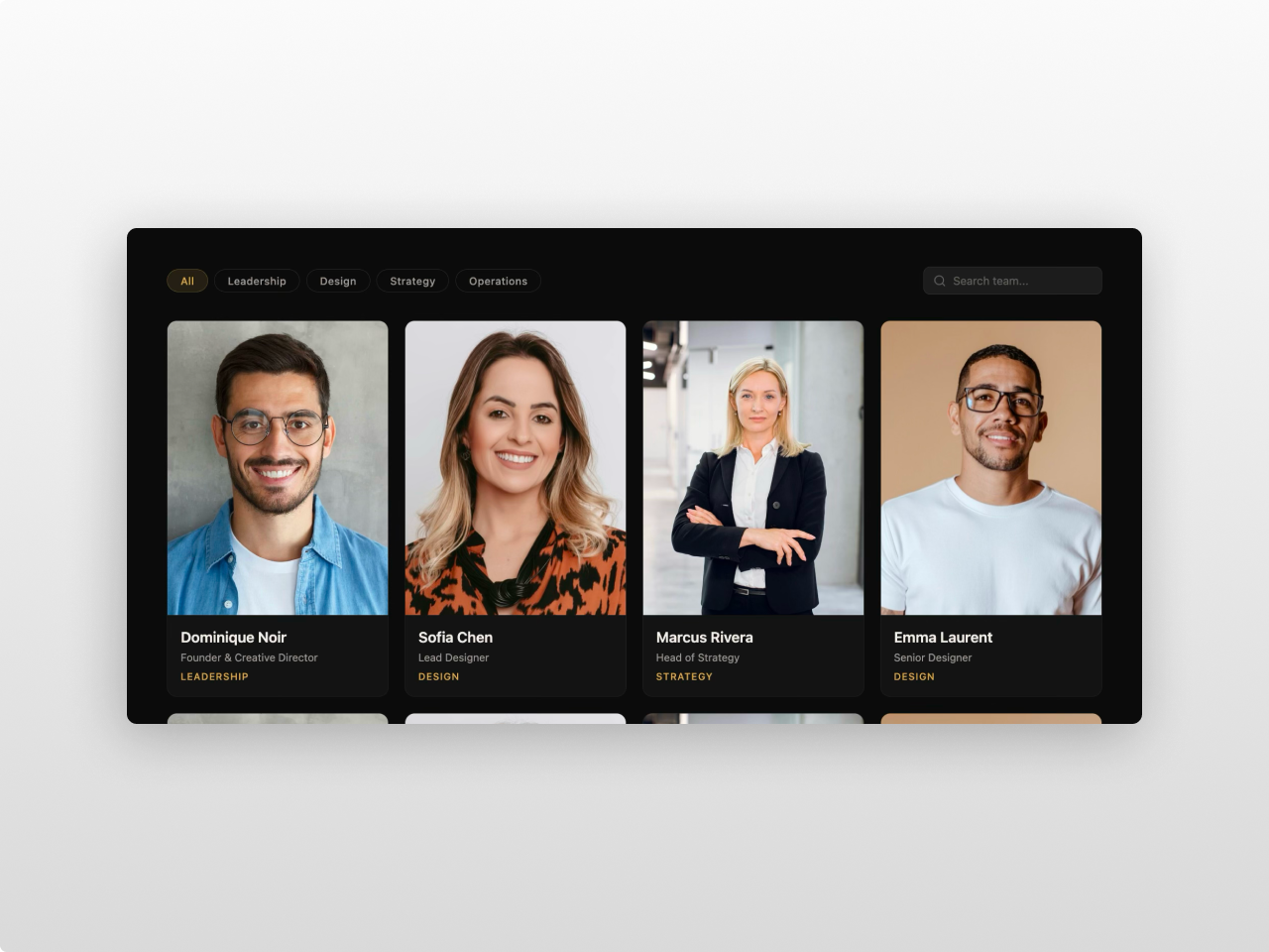 Four columns, dark mode